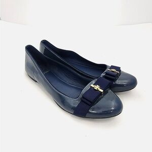 TORY BURCH Trudy Blue Patent Leather Flats with Bow